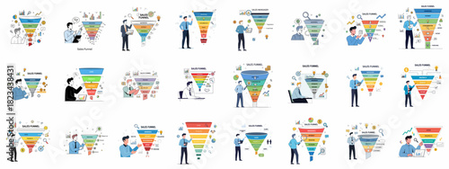 Comprehensive collection of vector illustrations showing sales funnel stages, conversion process, lead generation, customer journey, and business marketing strategy.