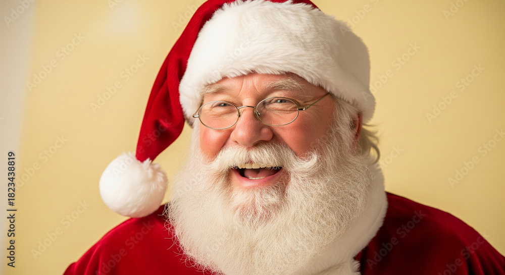 Naklejka premium Jolly man with a big white beard and red hat, smiling broadly and laughing contagiously, embodying the cheerful spirit of the holiday season