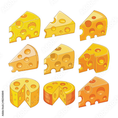 Set of cartoon cheese wedges and round blocks in bright yellow illustration