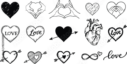 Hand-drawn black and white love heart icons with arrow and anatomical heart illustration vector set 