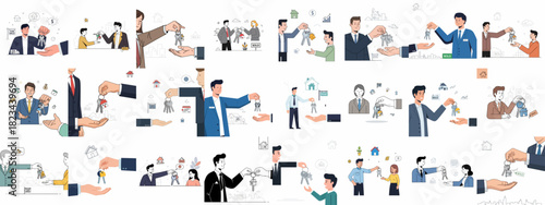 Real estate transaction concept illustrations bundle featuring agents exchanging house keys with clients after successful property purchase or sale.