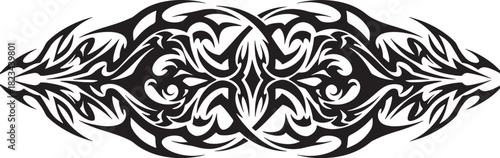 Symmetrical black and white tribal art tattoo design, an abstract vector illustration of an ornamental pattern with sharp, flowing lines