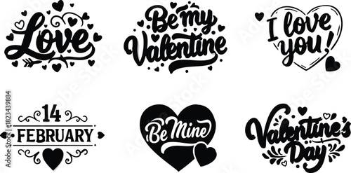 Valentine’s Day love heart icons with romantic phrases and February date for special occasion design 