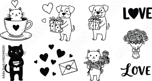 Cute cats and dogs with love hearts and gifts vector illustration for romantic occasions and celebrations 