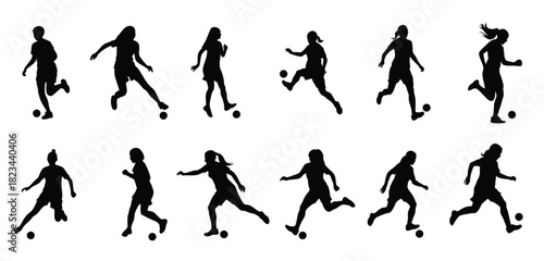 Set of woman football player black silhouette illustratio