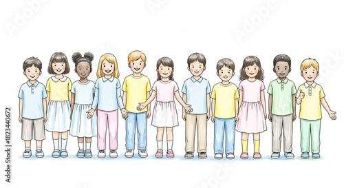 Hand drawn watercolor illustration of diverse children standing in a line.