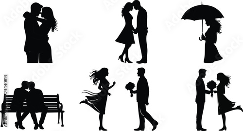 Romantic couple silhouettes in various poses including kissing, walking, umbrella and bench scenes vector illustration 