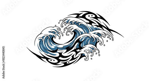 Tribal Art Wave Captivating Vector Illustration with Intricate Details and Dynamic Ocean Elements