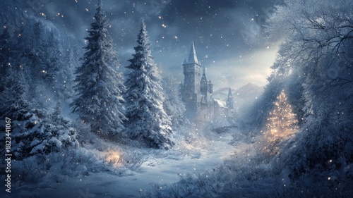 Magical christmas winter landscape with snow-covered fir trees, soft glowing lights, frosted pine forest, and enchanting fairy tale atmosphere for holiday card scenery