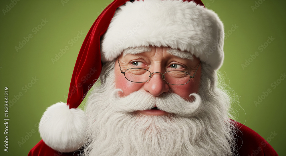 Naklejka premium Portrait of a jolly, elderly man with a white beard and mustache, wearing a red Santa hat, with a slight smile and a twinkle in his eye