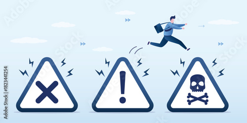 Achieving results by overcoming all obstacles, setbacks, and difficulties. Ambitious businessman jumping on various triangle warning signs. Confident man overcoming obstacles