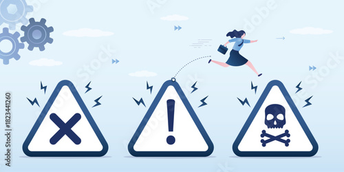 Achieving results by overcoming all obstacles, setbacks and difficulties. Ambitious businesswoman jumping on various triangle warning signs.