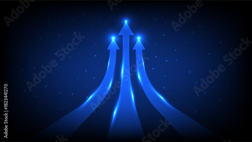 Three glowing blue arrows merging upward against a starry digital background, symbolizing growth and advancement