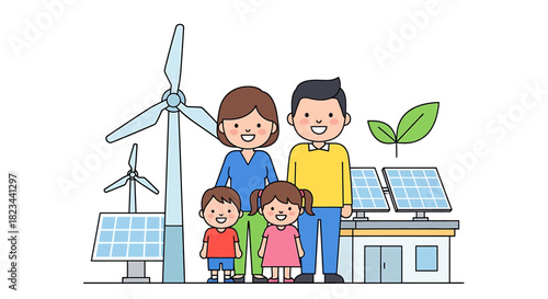 Happy cartoon family standing with renewable energy sources like solar panels and wind turbines.