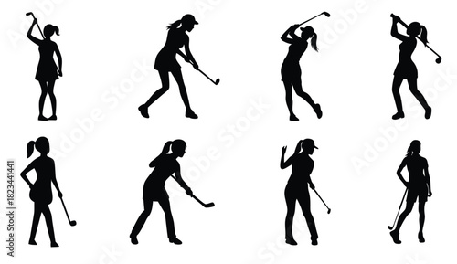 Set of golf player black silhouette illustration