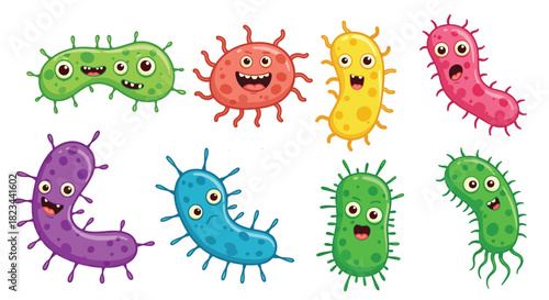 Collection of adorable cartoon bacteria with expressive