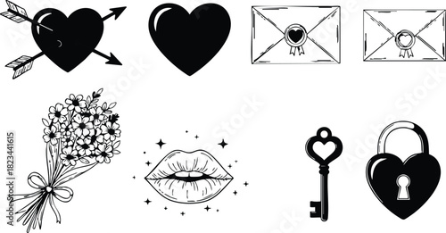 Romantic love symbols with heart shapes arrows bouquet key and lock vector illustration for relationship and affection designs 