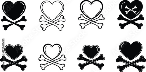 Heart and crossed bones icons set in black and white simple vector style for design and decoration 