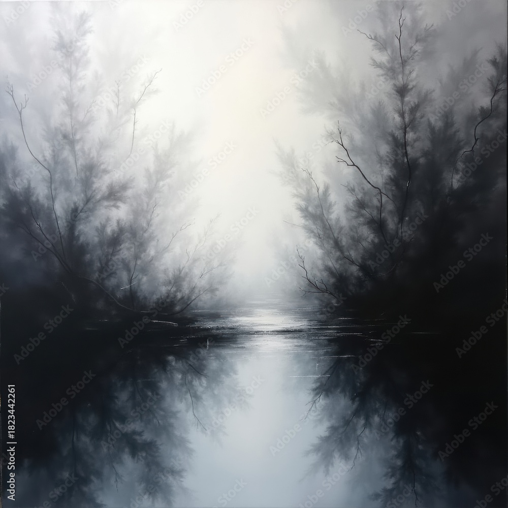 Fototapeta premium Misty forest path leading to a bright light over water