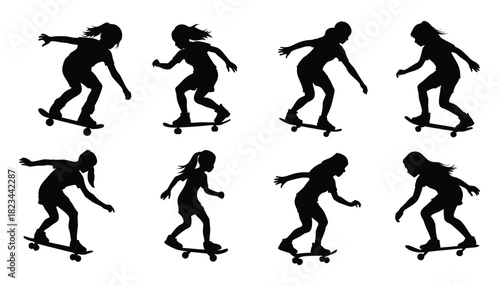 set of children playing skateboard silhouette illustration