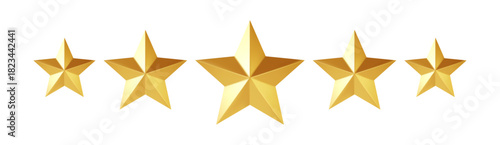 Five Golden Stars In A Row On White Background For Celebration Awards And Recognition