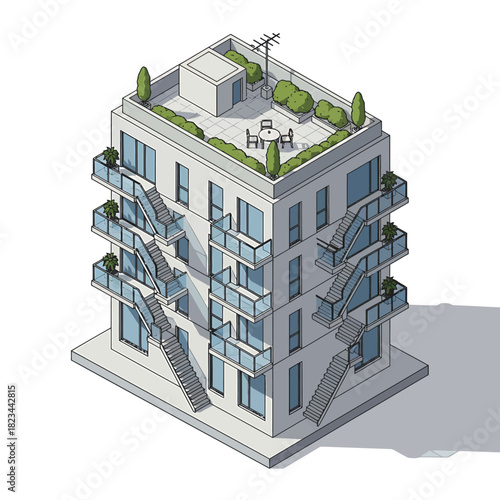 Isometric architectural illustration of a modern residential apartment building with a rooftop garden.