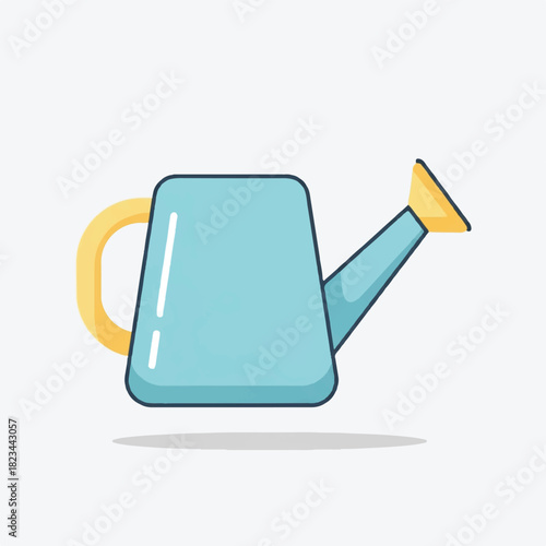A blue watering can with a yellow handle and spout on a white background