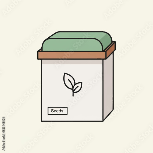 A cartoon depiction of a seed storage container with a leaf symbol