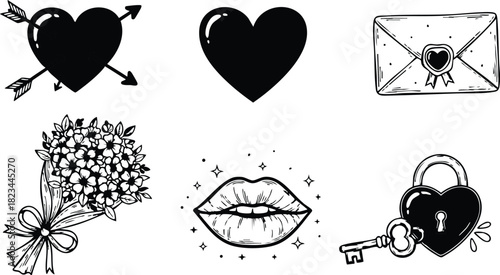 Heart symbols bouquet love letter lips lock and key romantic vector illustration set 