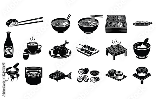 Traditional Japanese cuisine food culture symbols set with sushi, ramen, tempura and sake in black silhouette style
