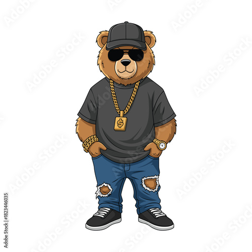 Hipster bear vector illustration, Cool Bear Character Wearing Sunglasses, Gold Chain, and Baseball Cap