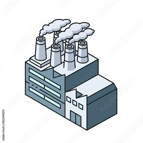 Isometric factory building with smokestacks emitting smoke cartoon illustration.
