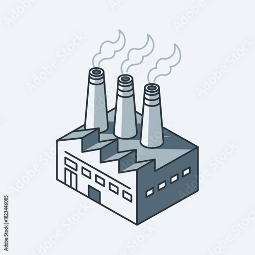 Isometric factory building with three smokestacks emitting smoke.