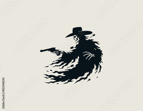 Dramatic black silhouette of an intimidating cowboy skeleton phantom wearing a western hat and tattered cloak, aggressively firing dual revolvers while being pierced by multiple arrows