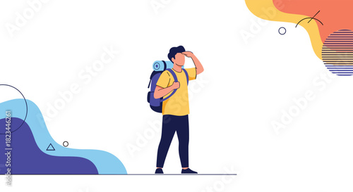 A male hiker with a backpack stands on a white background, shielding his eyes and looking into the distance, surrounded by abstract shapes.