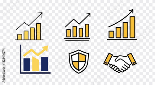 Growth icon set. Containing arrow up, growing graph, business chart icons. Vector 