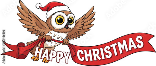 Cartoon owl christmas holiday banner santa hat festive celebration winter joy