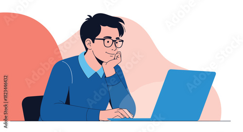 A young man with glasses sits at a desk, working on his laptop with a focused and contemplative expression, against a modern abstract background.