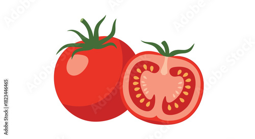 An illustration of two fresh red tomatoes, one whole and one cut in half to display its inner texture, seeds, and vibrant color.