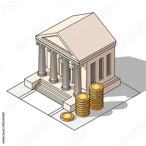Isometric illustration of a classical bank building with stacks of gold coins.