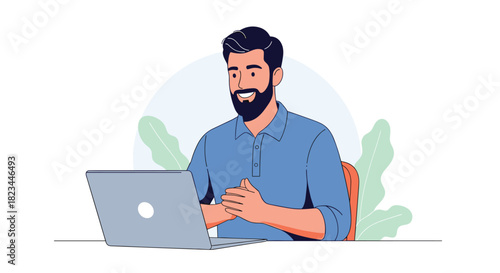 Happy bearded man in a blue shirt smiling while engaged in a virtual meeting on his laptop, at a desk with a calm background.