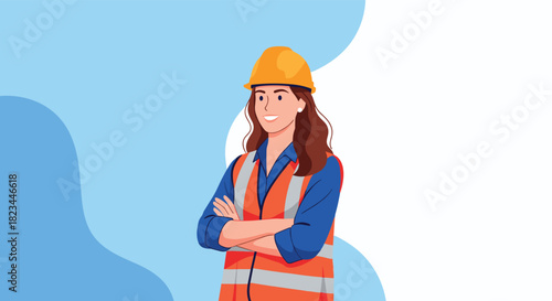 A confident and smiling female construction worker or engineer in a hard hat and safety vest, with arms crossed, standing.