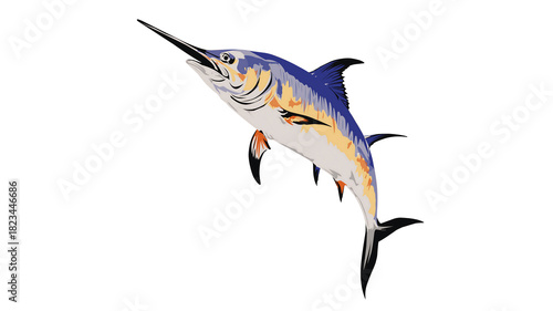 blue swordfish swimming, white background clip art preview