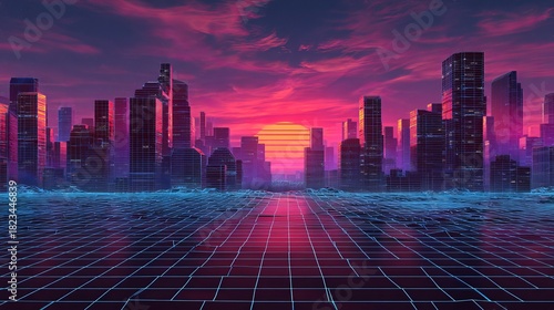 A vibrant retrofuturistic cityscape with a glowing grid road and sunset