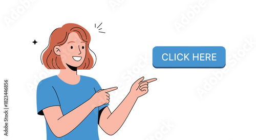 A cheerful young woman smiles and points directly at a prominent blue 'CLICK HERE' button, guiding users to take an action online.