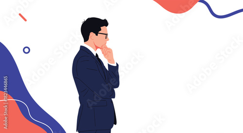 A thoughtful businessman in a dark suit and glasses stands in profile, contemplating a decision against a modern abstract background.