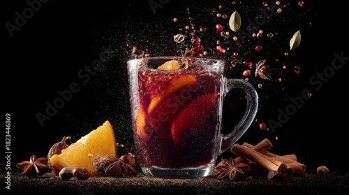 Spiced mulled wine with citrus, spices, and splashes, capturing a festive ambiance.