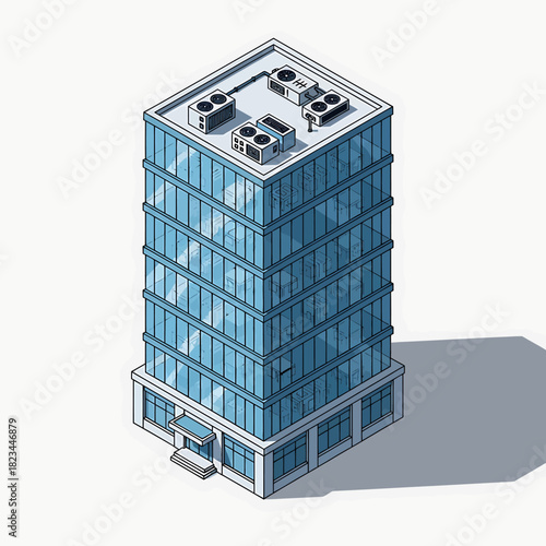 Isometric Modern Office Building with Glass Facade and Rooftop HVAC Units.