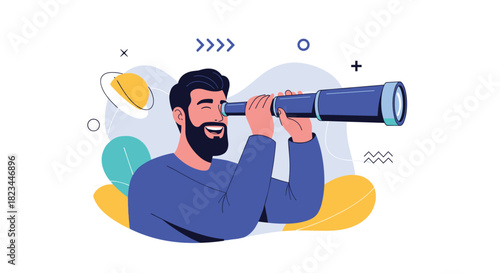 Happy bearded man actively looking through a telescope, symbolizing future vision, discovery, and business strategy.