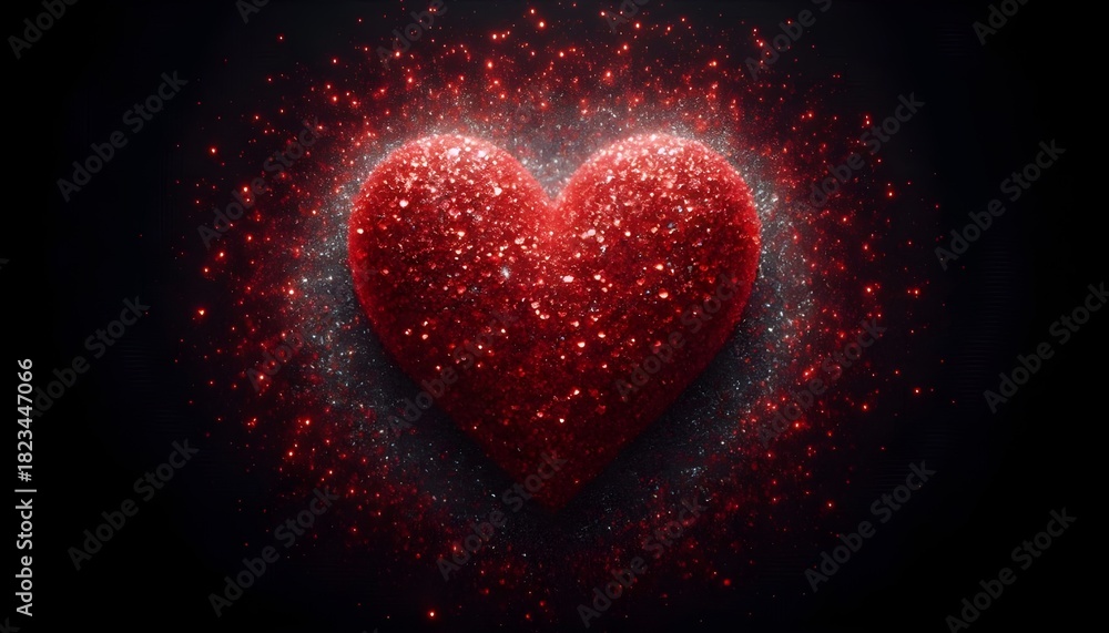 Fototapeta premium Sparkling red heart with light particles on black background